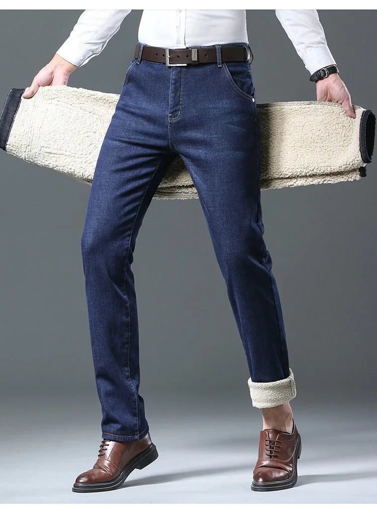 Winter New Fashion Trend Solid Color Plus Plush Thick Warm Jeans For Men's Casual Loose Sports Straight Leg Elastic Jeans 28-40