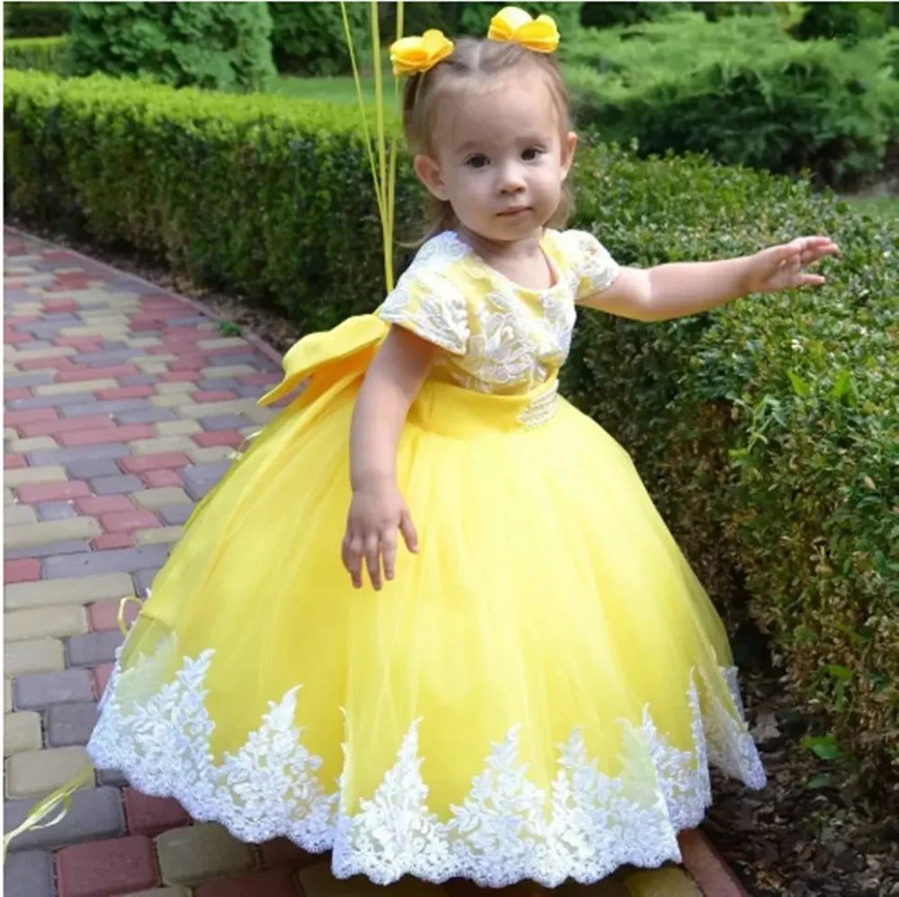 Yellow Flower Girl Dresses For Wedding Tulle White Appliques With Bow Cute Toddler Birthday Party Photo Shoot Gown