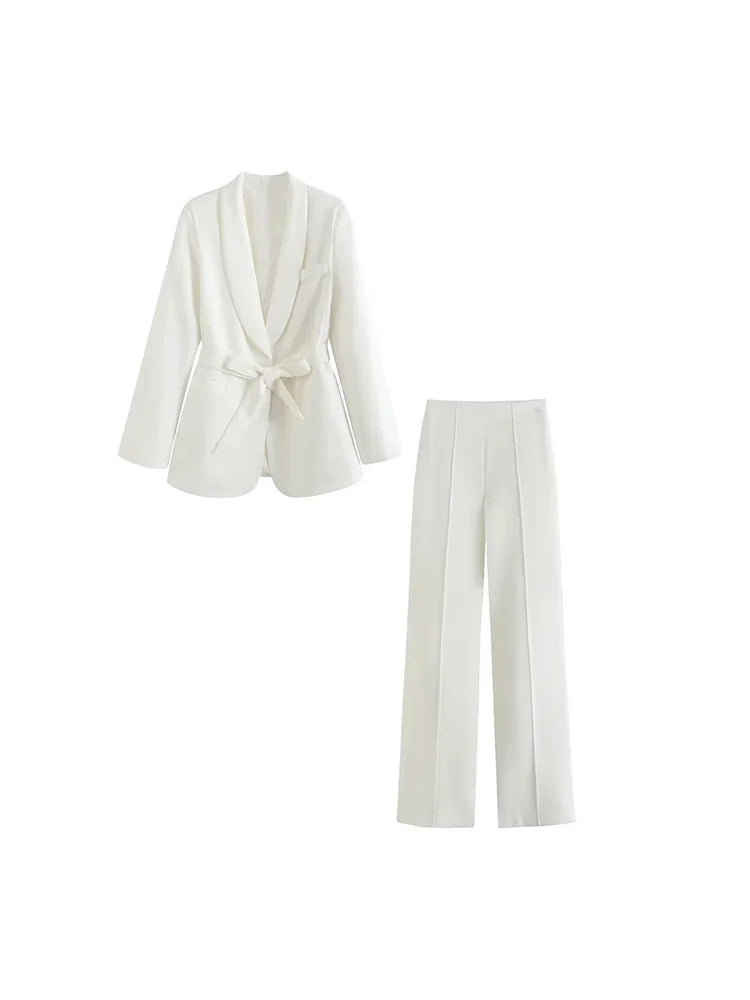 2025 Spring Summer 2 pieces sets Fashion Blazers Coats ang Trousers Female Street Solid Sashes Bow Elegant Two Suits Clothing