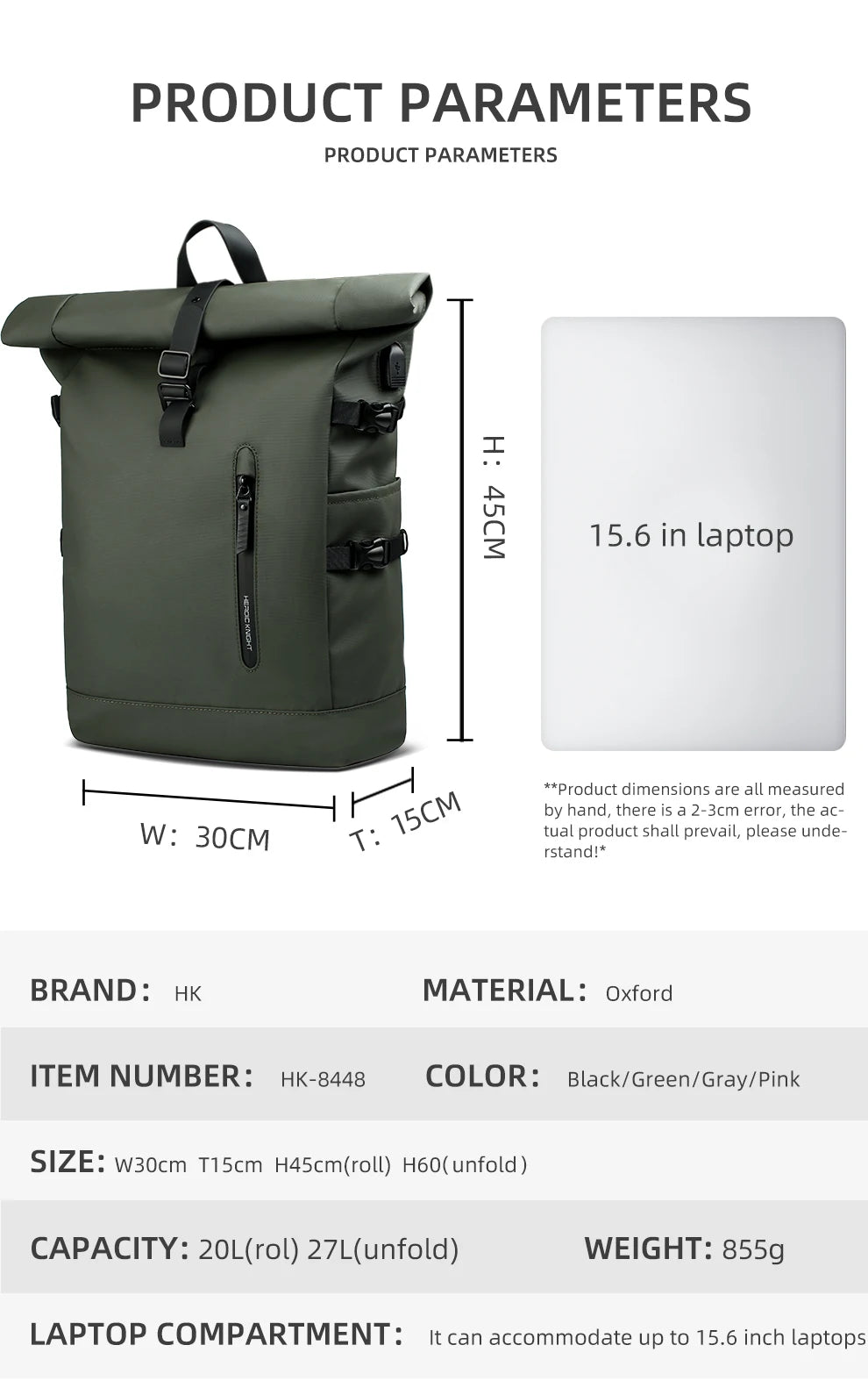 HK Expandable Waterproof Travel Backpack for Men Roll-Top Large Capacity 15.6 Inch Laptop Backpack with USB Hiking Camping Pack
