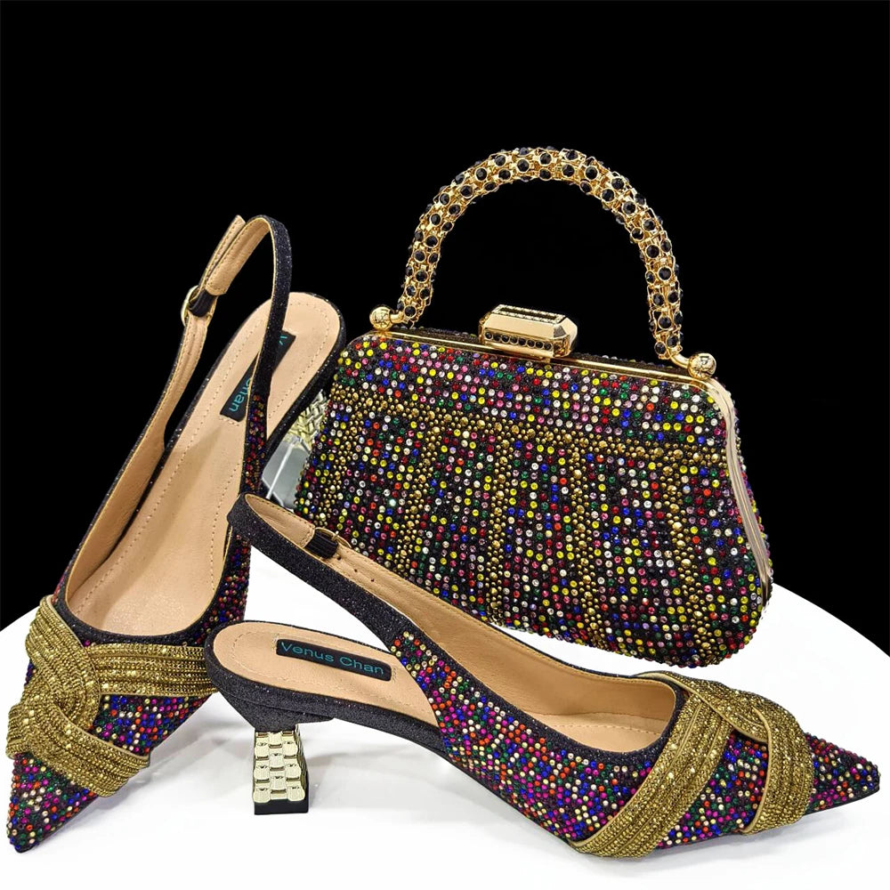 Venus Chan 2024 Special Design High Quality Orange Color African Women Shoes and Bag Set with Shinning Crystal for Wedding Party