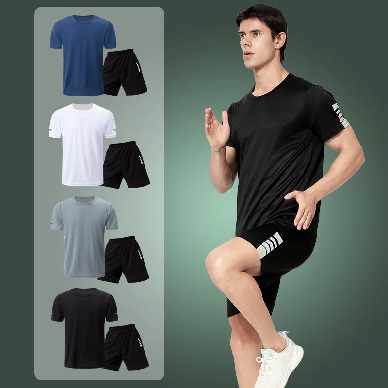 2 Pack European and American Size MEN'S Short-sleeved Shorts Suit MEN'S Casual T-shirt Suit Joker Running Fitness Two-piece Suit