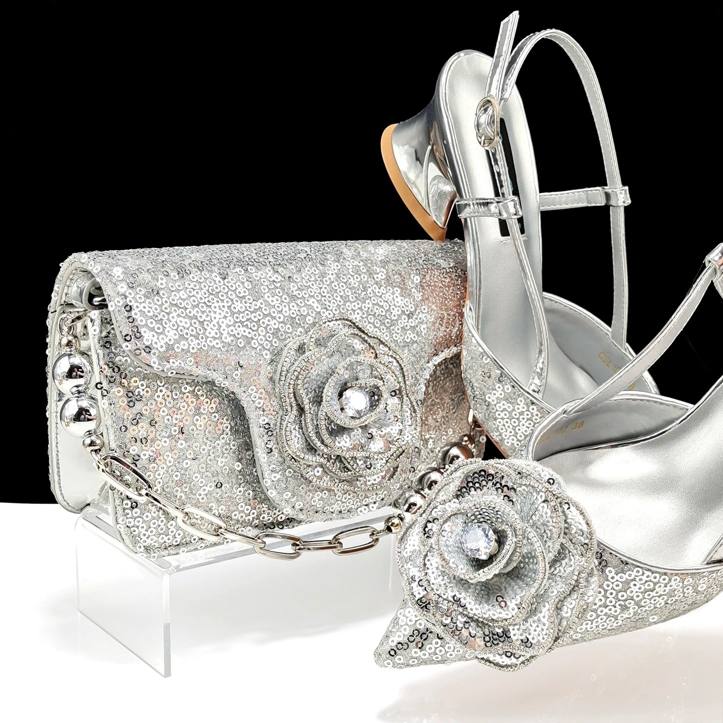 QSGFC Shiny Gold Color Shoes and Bag Elegant Handbags and Medium Heel Shoes Beautiful Handmade Flowers For Wedding Party
