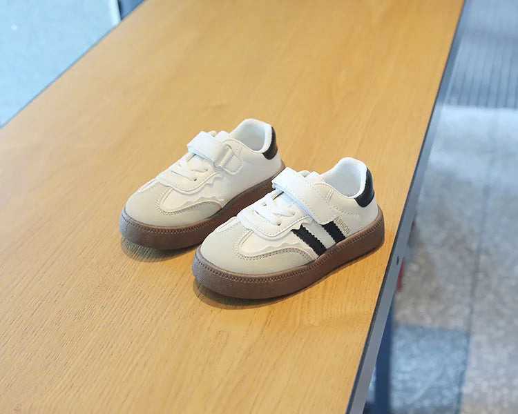 Children Spring Autumn Fashion Soft Soled German Training Shoes Boy Casual Board Shoes Girls Velcro Sneakers Striped White Shoes