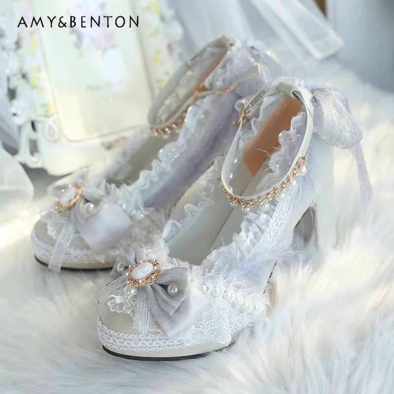 Original Handmade Lolita High Heels Heavy Industry Feather Stitching Pearl Bow Lace Platform Shoes Round Head Princess Heels