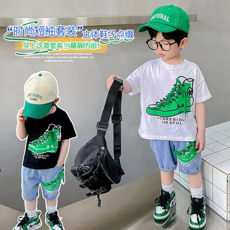 2849 Boys Summer Suit 2023 New Children's Summer Cool Handsome Short Sleeve Baby Boy Thin Fashionable Clothes