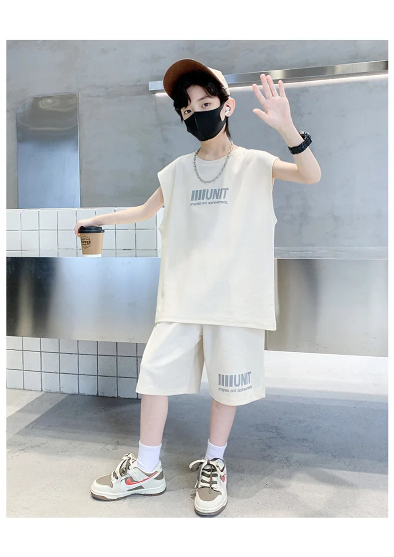 Boys Summer Suit New Children's Sleeveless Vest Sports Suit Fried Street Clothes Cool Handsome Summer Children's Clothing