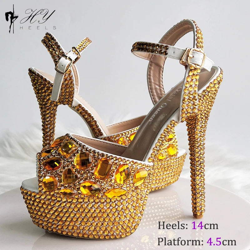 Fashion Diamond Wedding Shoes Ladies 14cm Heels Open-toed High-heeled Waterproof Platform Party Shoes Women