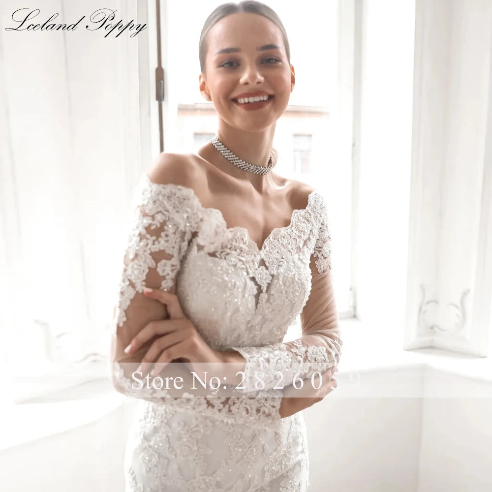 Lceland Poppy Customized Boat Neck Mermaid Lace Wedding Dresses Beaded Appliques Long Sleeves Bridal Gowns with Detachable Train
