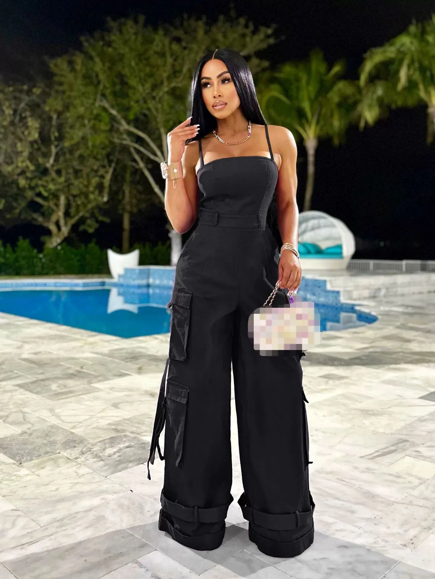 Women's Clothing 2025 Spring Summer New Sexy Sleeveless Solid Color Casual Multi Pocket Workwear Jumpsuit Wide Leg Pants