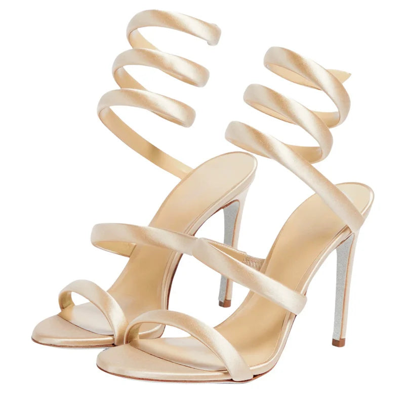 Summer new round toe silk ribbon snake-shaped wrapped sexy sandals thin high-heeled banquet dress large size women's shoes