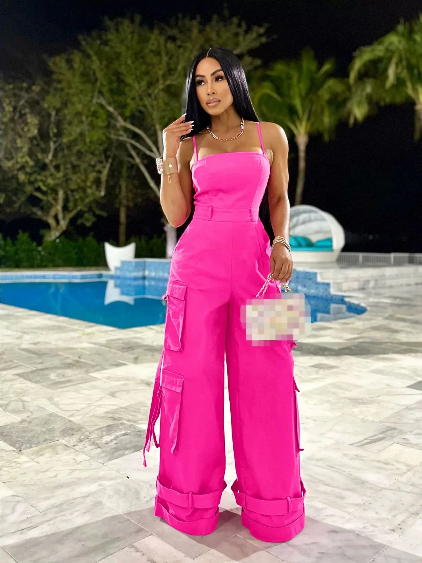 Women's Clothing 2025 Spring Summer New Sexy Sleeveless Solid Color Casual Multi Pocket Workwear Jumpsuit Wide Leg Pants