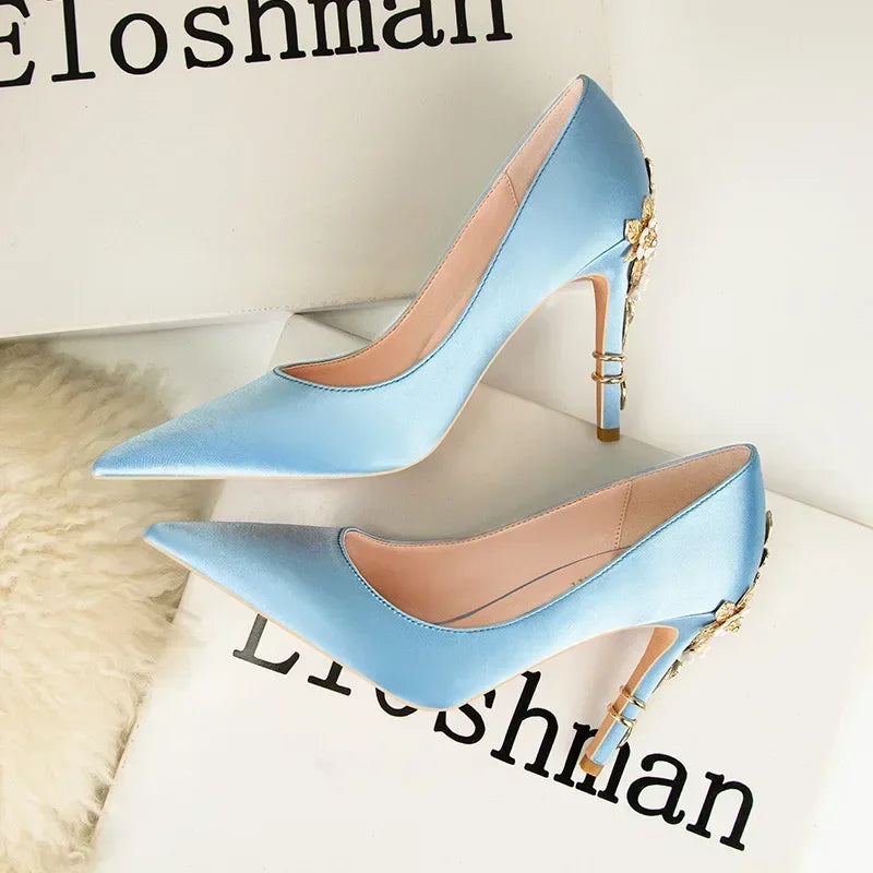 Women's Metal Flowers Stiletto High-heel Shoes Female Light Luxury Sexy Fashion Wedding Shoes Pointed Toe Satin Single Shoes