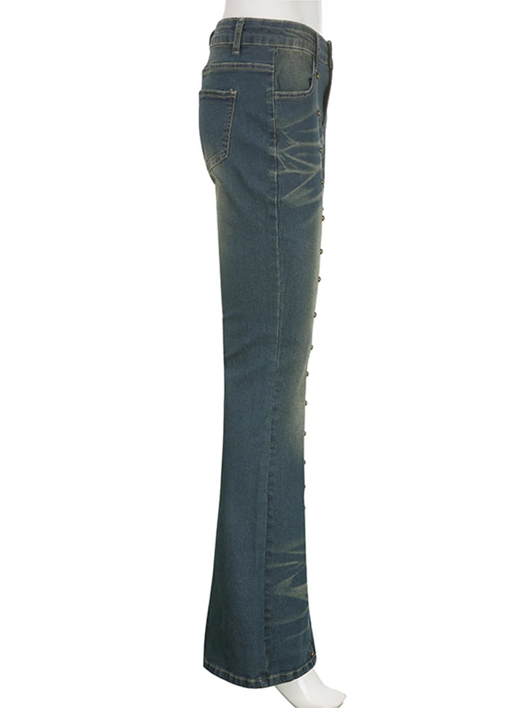 Rockmore Vintage Low Waist Flare Jeans Women Y2K Chic Rivet Slim Pencil Jean Pants Streetwear Fashion Retro Denim Trouser Korean