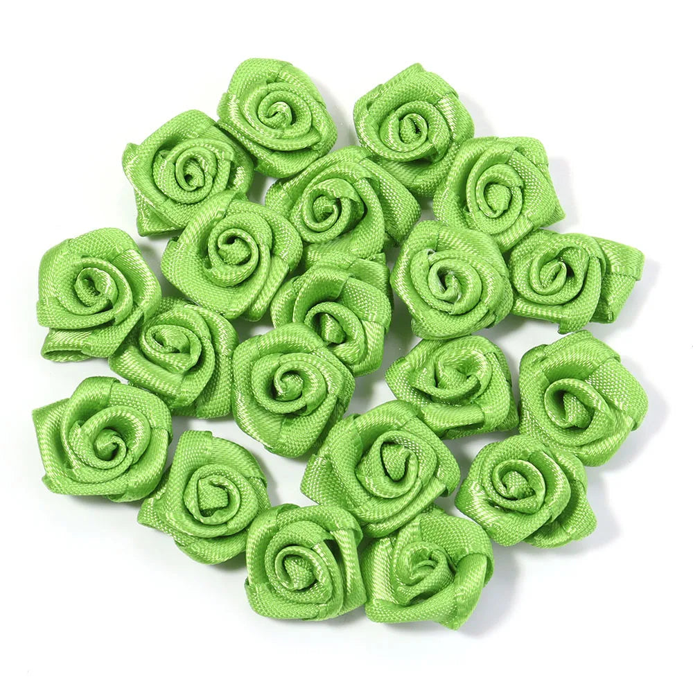 20Pcs/Lot Mini Handmade Rose Flower Satin Ribbon Rosettes Fabric Appliques For Wedding Decoration Craft Sewing Accessories