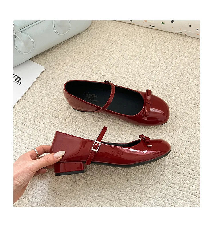 Spring Autumn Wine Red Mary Jane Shoes For Women Low Heel Fashion Butterfly-knot Roud Toe Female Eelgant Dress Leather Shoes