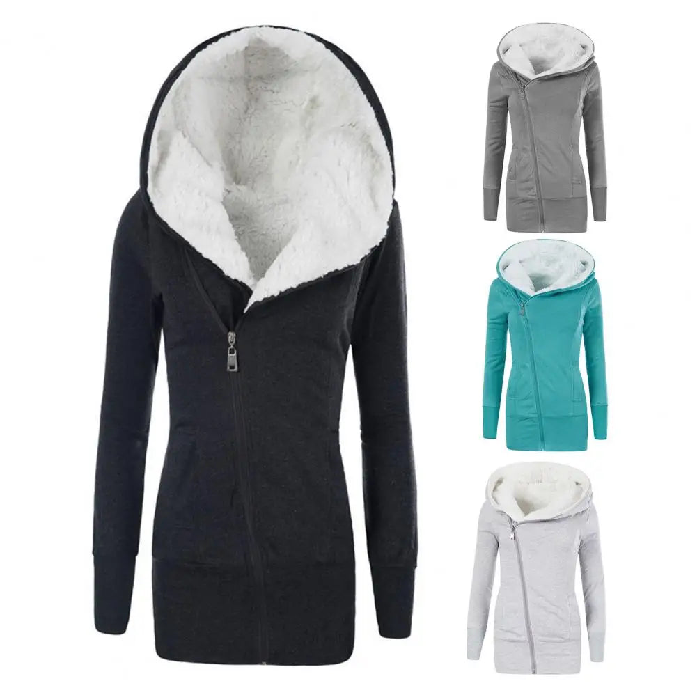 Women Fleece Long Hoodie Winter Jacket European And American Women's Winter Thick Warm Lamb Wool Hooded Mid Length Jacket