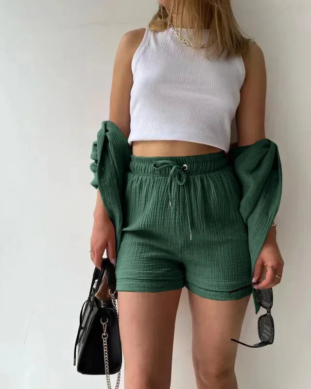 Short Sets Women Tracksuit Single Breasted Cardigan Blouses Two Pieces Shorts Loose Button High Street Solid Pockets Folds