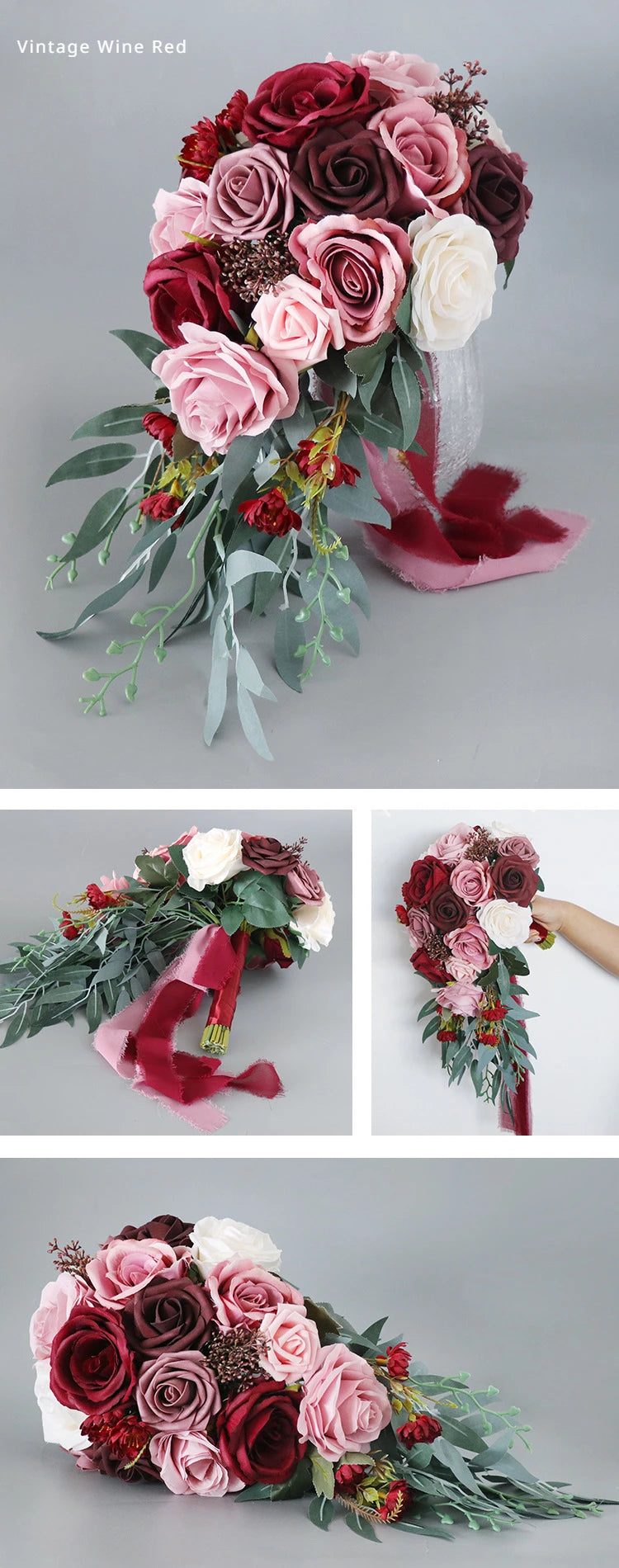 45X22CM Artificial Flower Bundle Bride Water Drops Holding Flowers Wedding Supplies Rose Silk Flower Wedding Photography Props