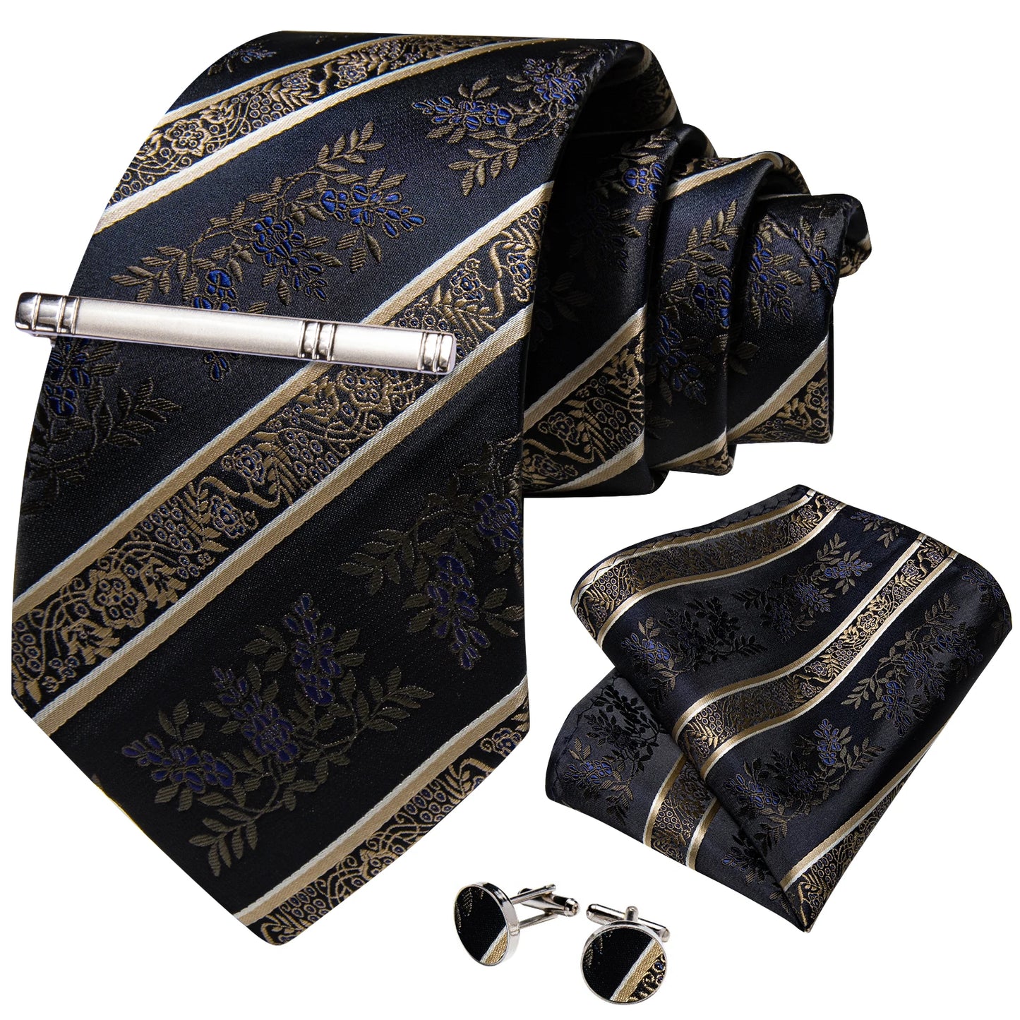 Men's Tie Set with Clip Luxury Retro Striped Floral 8cm Necktie Handkerchief Cufflinks Wedding Party Business Accessories Gift