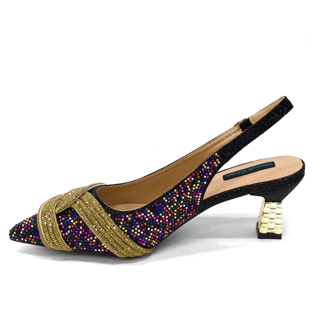 Venus Chan 2024 Special Design High Quality Orange Color African Women Shoes and Bag Set with Shinning Crystal for Wedding Party