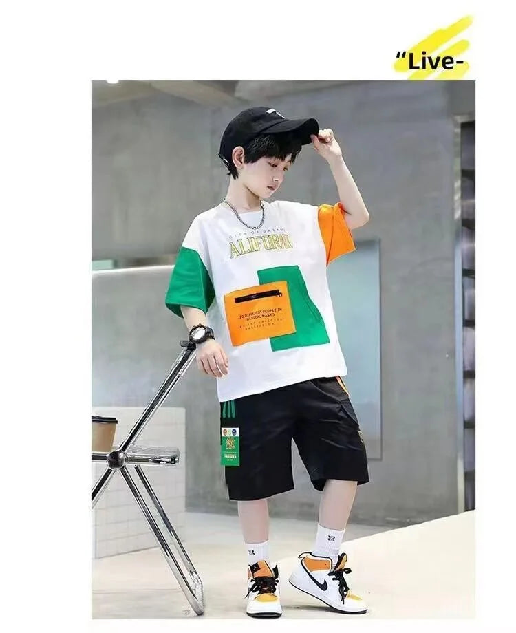 2025 summer Teenager Boys Clothes Casual Outfit Kids Tracksuit Child t shirt + shorts hot pant 4 5 6 7 8 9 10 12 11 13 14 Year