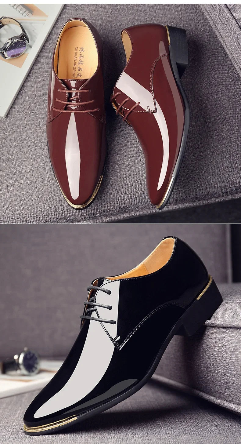 2024 New Men’s Patent Leather Shoes British Style Men's Dress Shoes Lace Up Pointed Toe Wedding Business Party Social Shoe Male