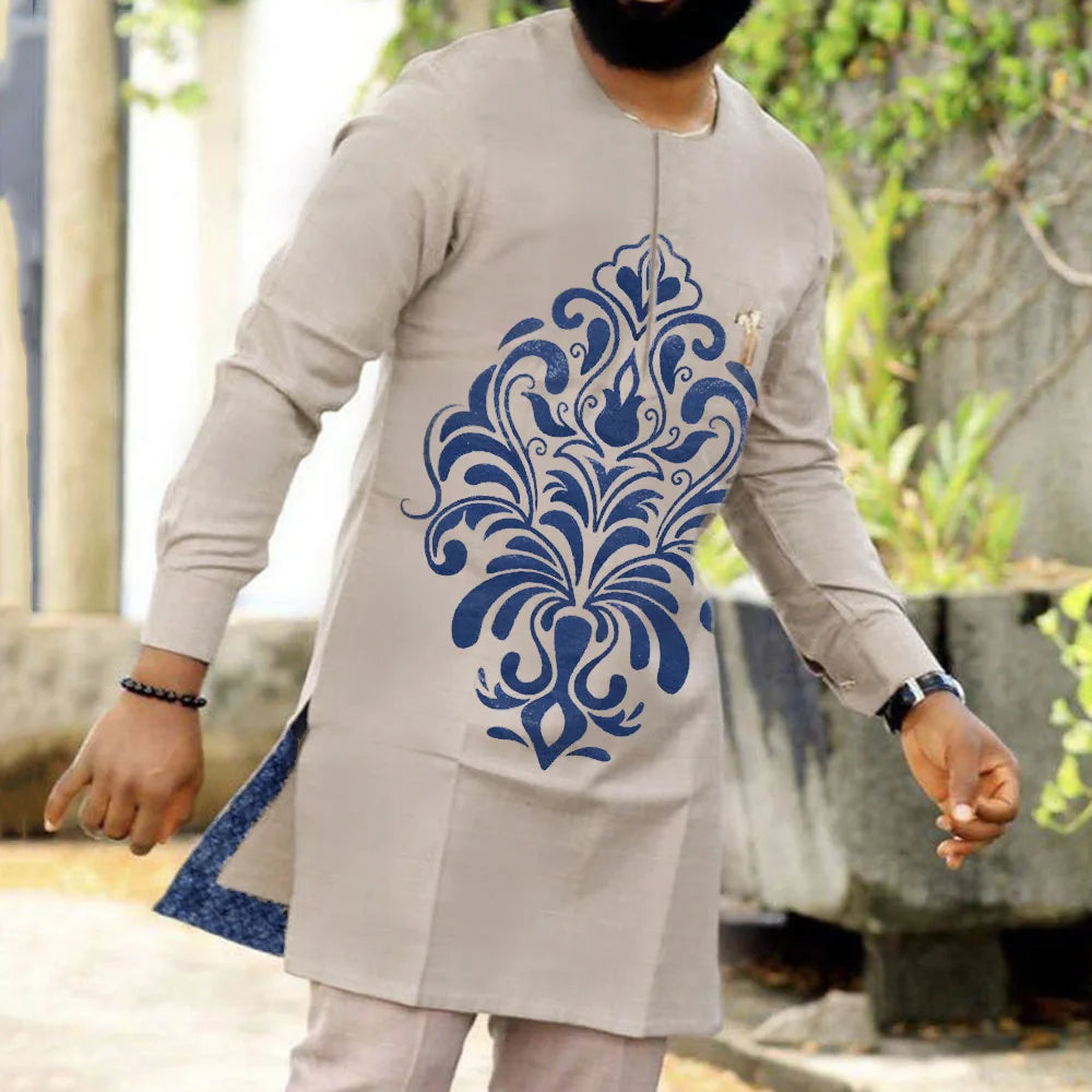 Kaunda Men's Suits Kaftan Outfits Round Neck Striped Print Long-sleeved African Ethnic Style Men's Sets Traditional Clothing
