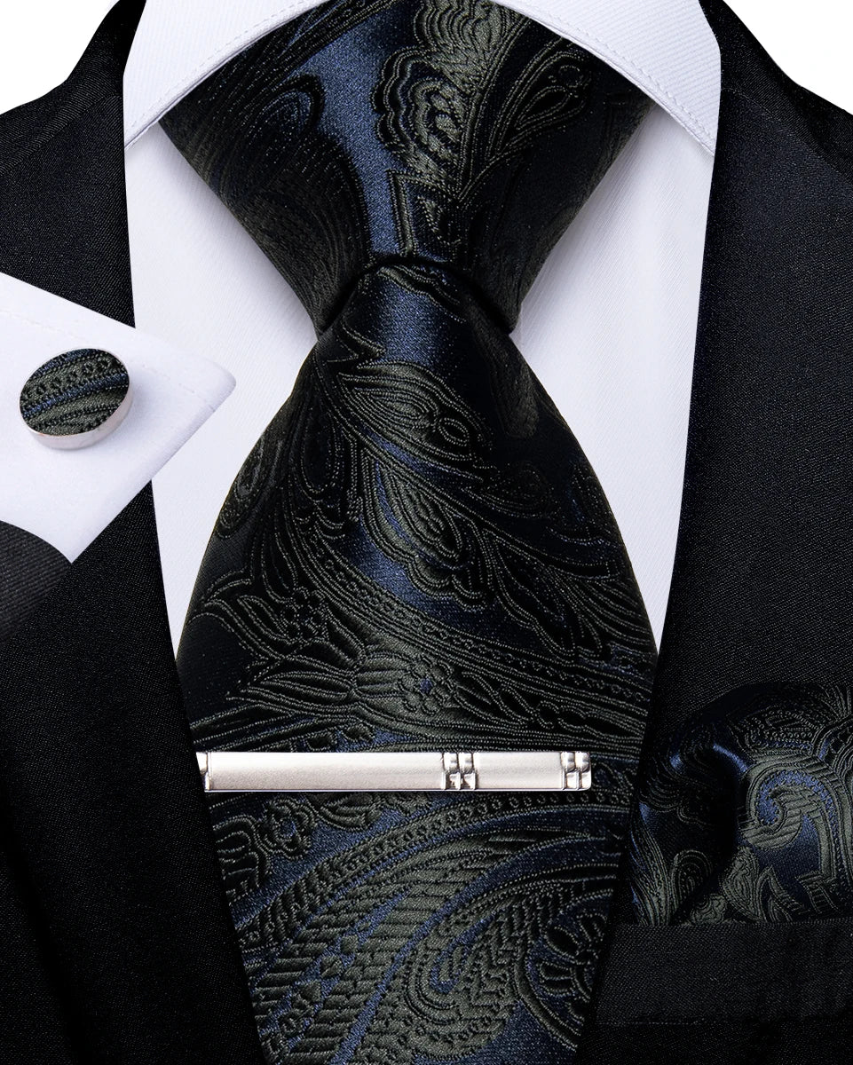 Men's Tie Set with Clip Luxury Retro Striped Floral 8cm Necktie Handkerchief Cufflinks Wedding Party Business Accessories Gift