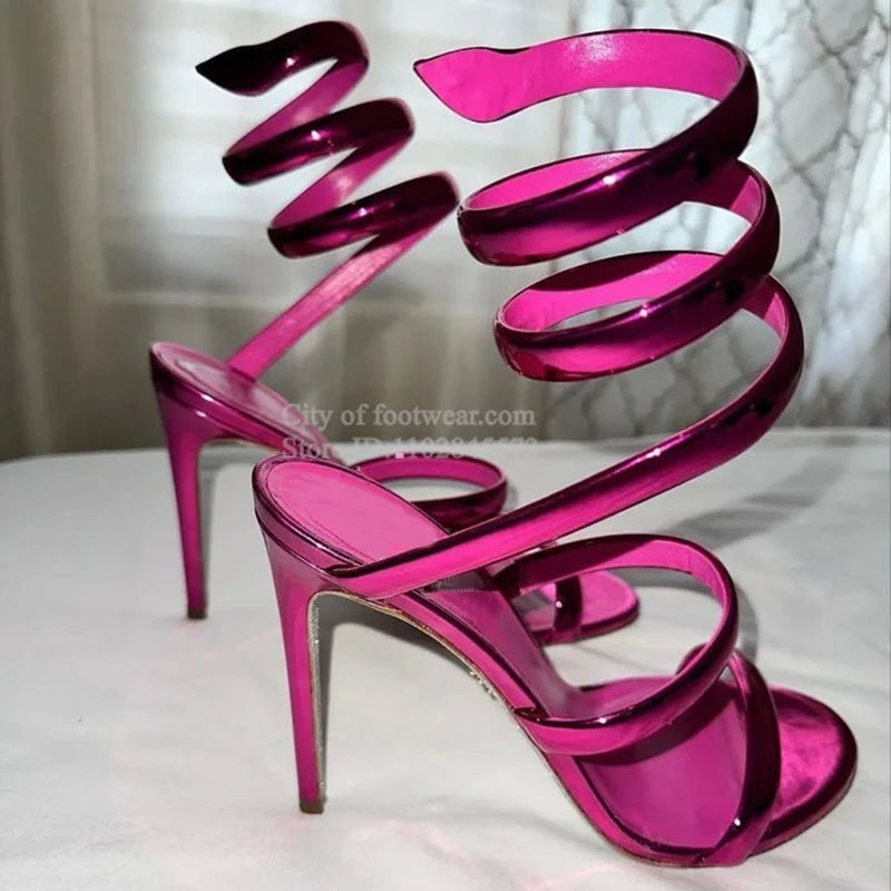 Metallic Leather Ankle Snake Warp Sandals Women's Summer Colorful Sexy Open Toe Sexy High Heels Luxury Designer Party Shoes