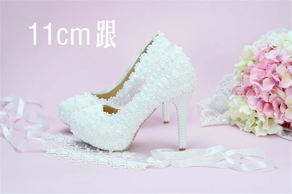 Spring round head shallow pearl lace with waterproof platform wedding shoes thin high-heeled banquet dress large size women shoe