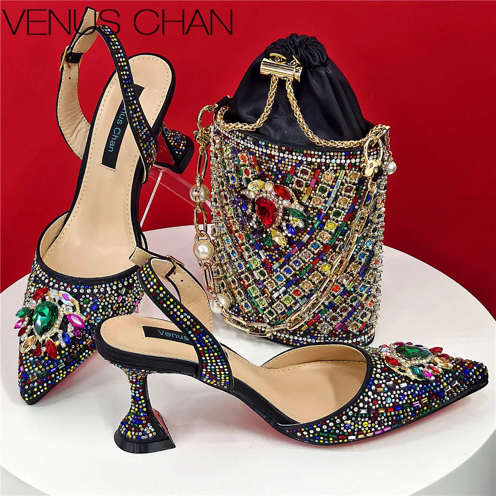Nigerian Heel Party for Women Blue Color Shoes and Bag Set Rhinestone Handbag Italian Design Wedding INS 2025
