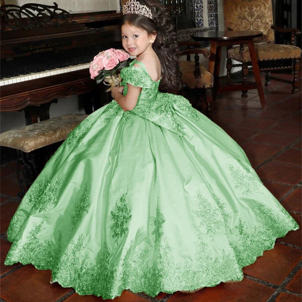 Luxury Golden Applique Full Ball Princess Wedding Party Flower Girl Dress Off The Shoulder Floor Length First Communion Gown New