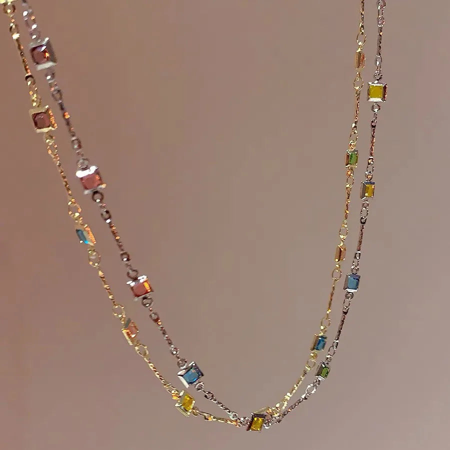 Hot Sale Colorful Square Rhinestone Necklace Fashion Exquisite Light Luxury Zircon Clavicle Chain Female Wedding Jewelry Gifts