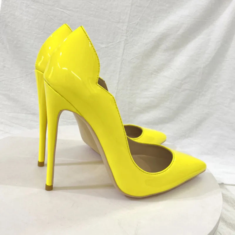 Elegant Glossy Black Curl Cut Women Pointy Toe 12cm High Heel Shoes Sexy V Cut Lady Party Wedding Stiletto Pumps Size 45