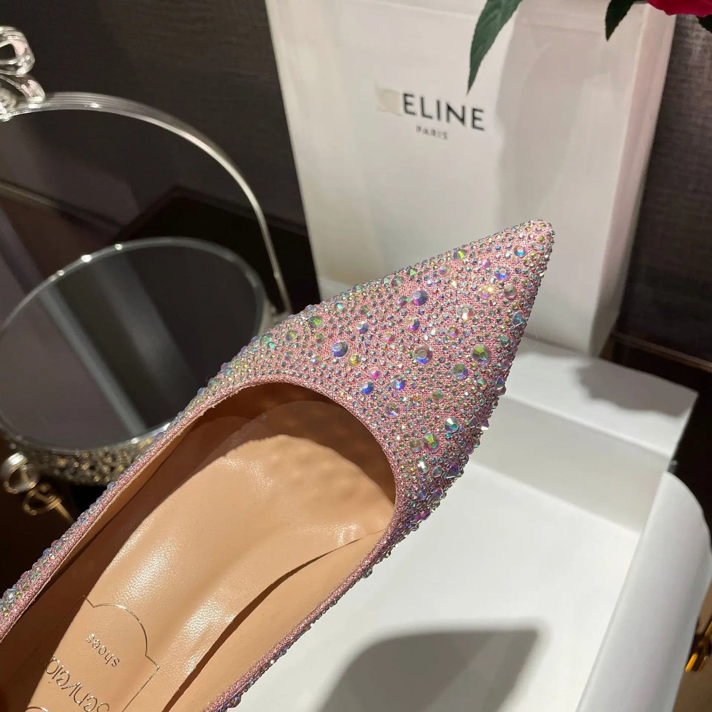 High Heels 2024 Summer New Fashion Versatile Black Rhinestone Single Shoe Red Sole Slim Heel Temperament Women's Shoes