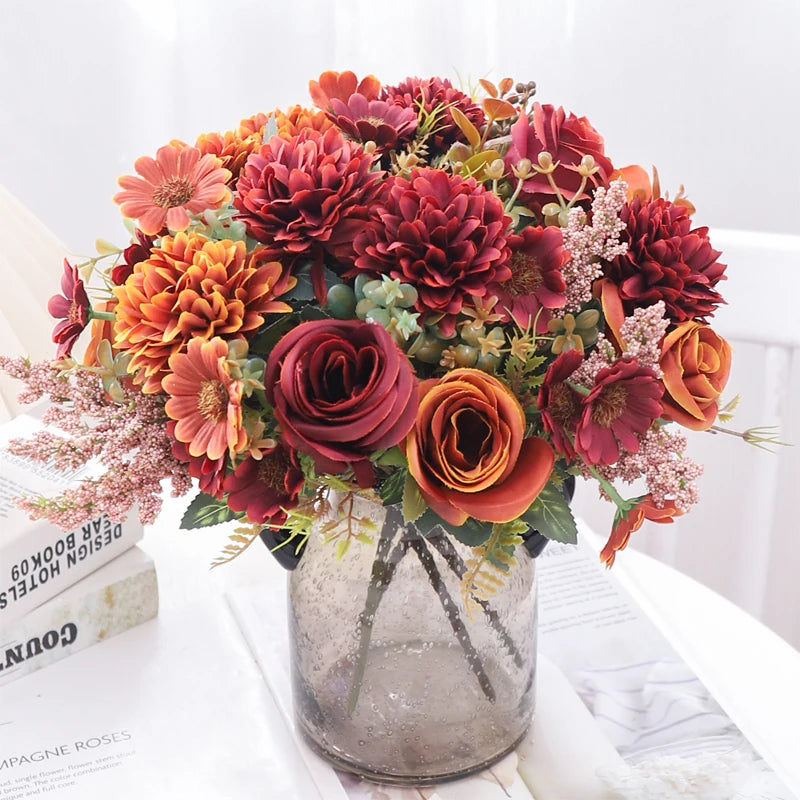 30cm Autumn Artificial Flowers Rose Bride Wedding Christmas Decoration For Vase Home Living Room DIY Fake Bouquet Daisy Plants
