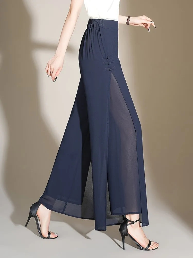 ZUZK Slit Chiffon Long Pants Summer Comfortable Elastic Waist Slim Double Layer Chiffon Pants Chic Droop Chinese Style Pants