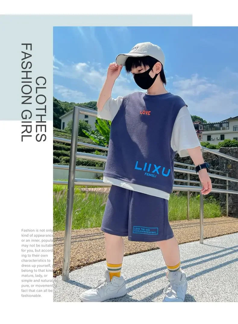 Junior Boys Summer Suit Children's Fashion Patchwork Short Sleeve Shorts Sports Suit Clothing 3-14Y Trend