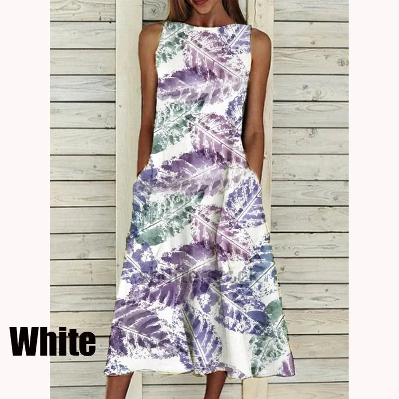 2023 Summer Women Clothing Fashion Elegant Sleeveless Print A-Line Dress Round Neck Casual Party Dresses Girls Sweet Dress