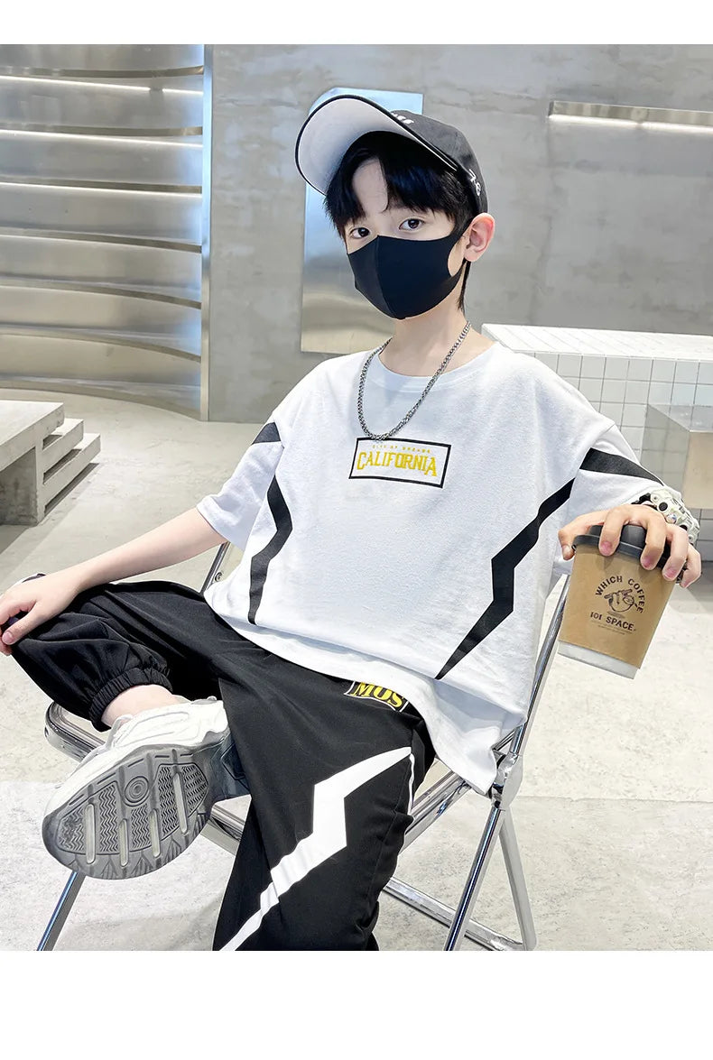 Summer Boys Cotton Alphabet Lightning T-Shirt Tops+Sweatpant School Kids 2PCS Tracksuit Child Jogger Outfit Workout Set 5-14 Yr