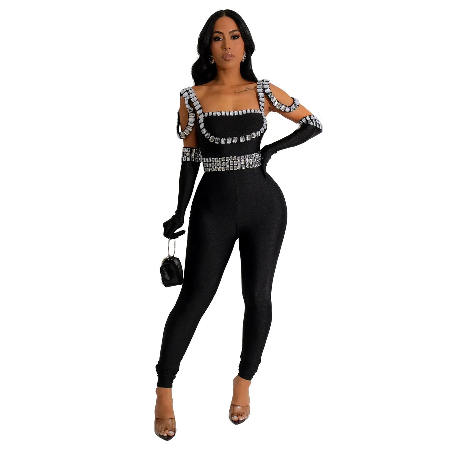 CM.YAYA Women Diamonds Hot Rhinestones Sexy Strap Long Sleeve Jumpsuits Streetwear Club One Piece Overall Rompers with Gloves