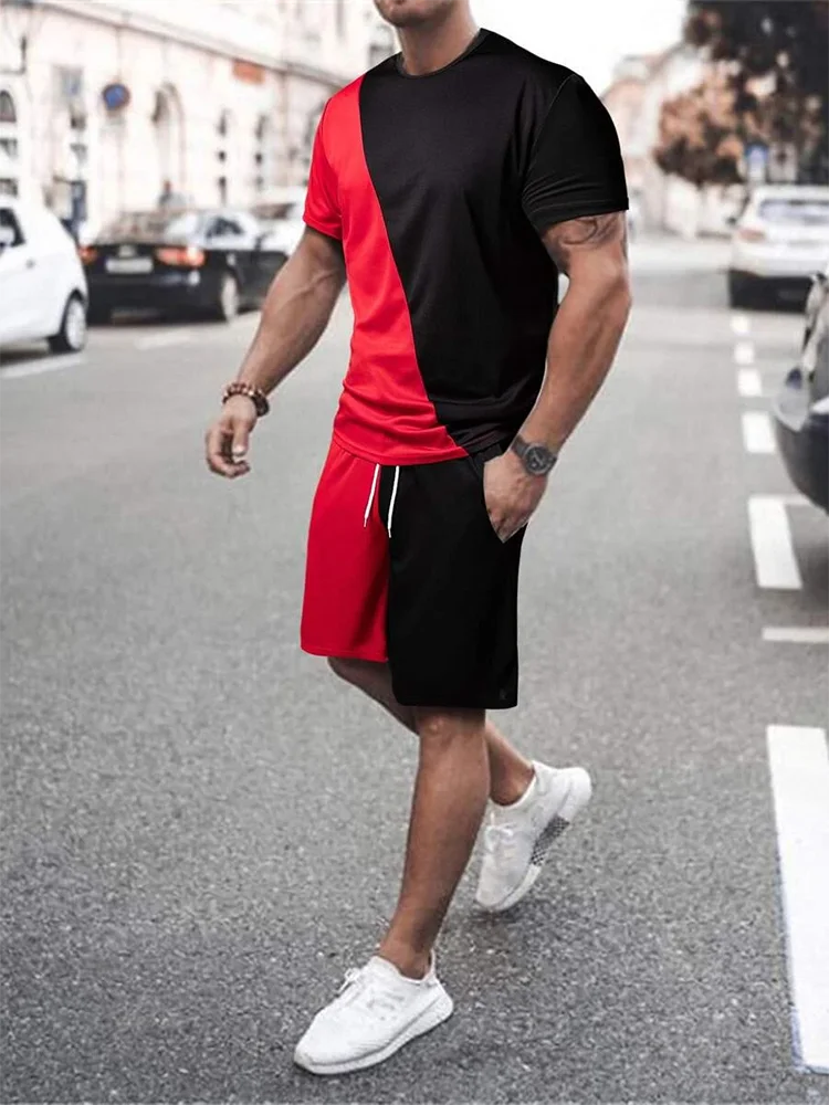 2025 Mens Summer Casual Suit Textured Printed Mixed Color Short Sleeve Outdoor Street Fashion Shorts Two Piece Pocket Loose Suit