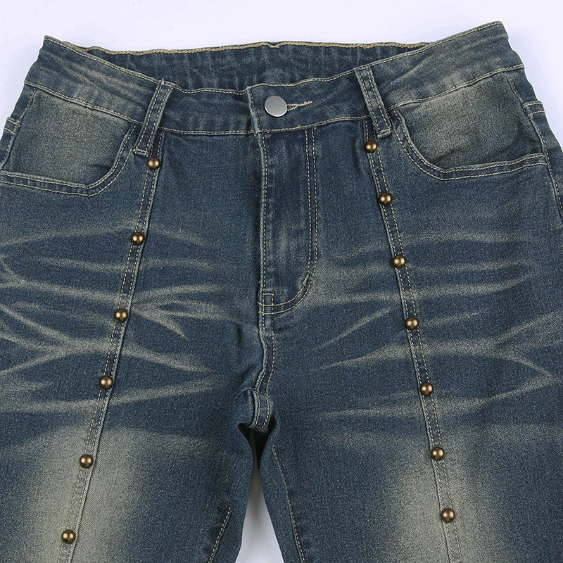 Rockmore Vintage Low Waist Flare Jeans Women Y2K Chic Rivet Slim Pencil Jean Pants Streetwear Fashion Retro Denim Trouser Korean