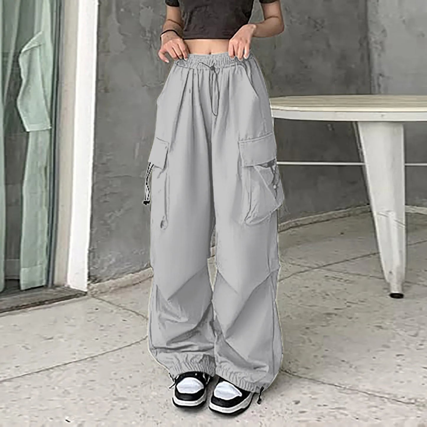 Womens Baggy Cargo Pants Streetwear Hip Hop Joggers Sweatpants Drawstring Casual Loose Dress Pants for Women Business Casual