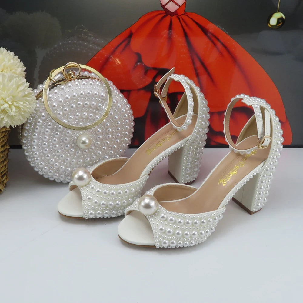 2024 New Arrival Hademade White Sandals Bridal shoes bag set woman Big Pearl Girls fashion Sandals party Shoes Fashion Thin Heel