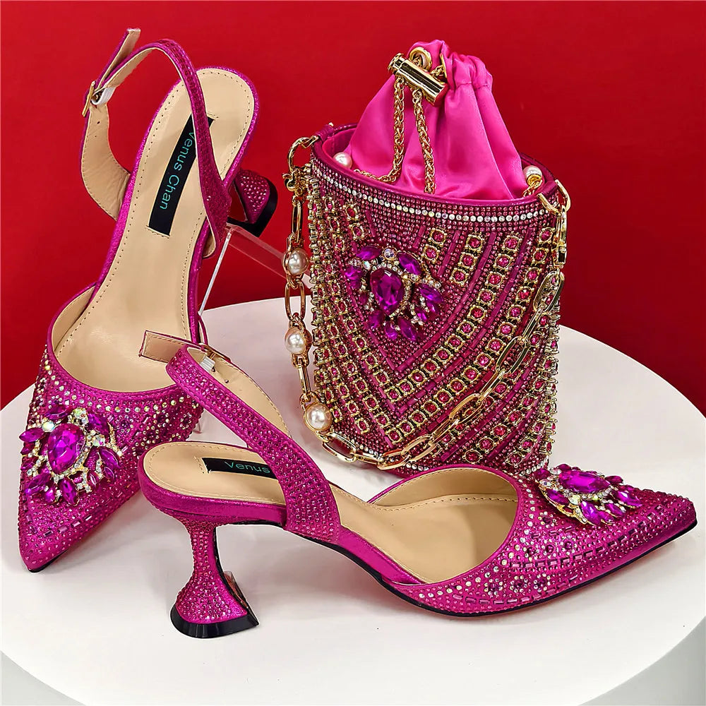 Nigerian Heel Party for Women Blue Color Shoes and Bag Set Rhinestone Handbag Italian Design Wedding INS 2025