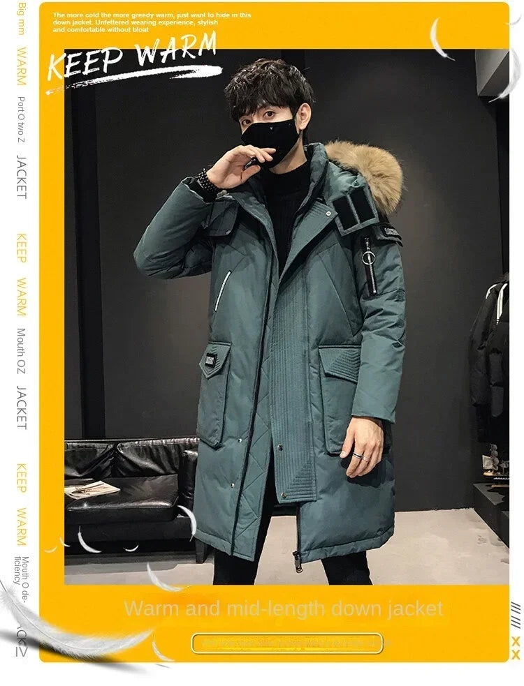 Men's Thickened Down Jacket Hooded Faux Fur Collar Winter Long Parka Jacket Outdoor Street Fashion Jacket Men's Clothing 2024