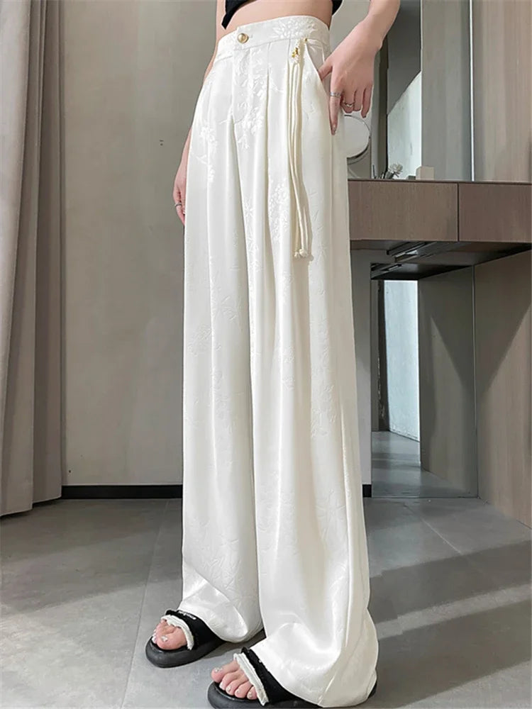New Chinese Style Jacquard Wide Leg Satin Pants for Women Elegant Solid Office Lady Women's Casual Loose Pants Female
