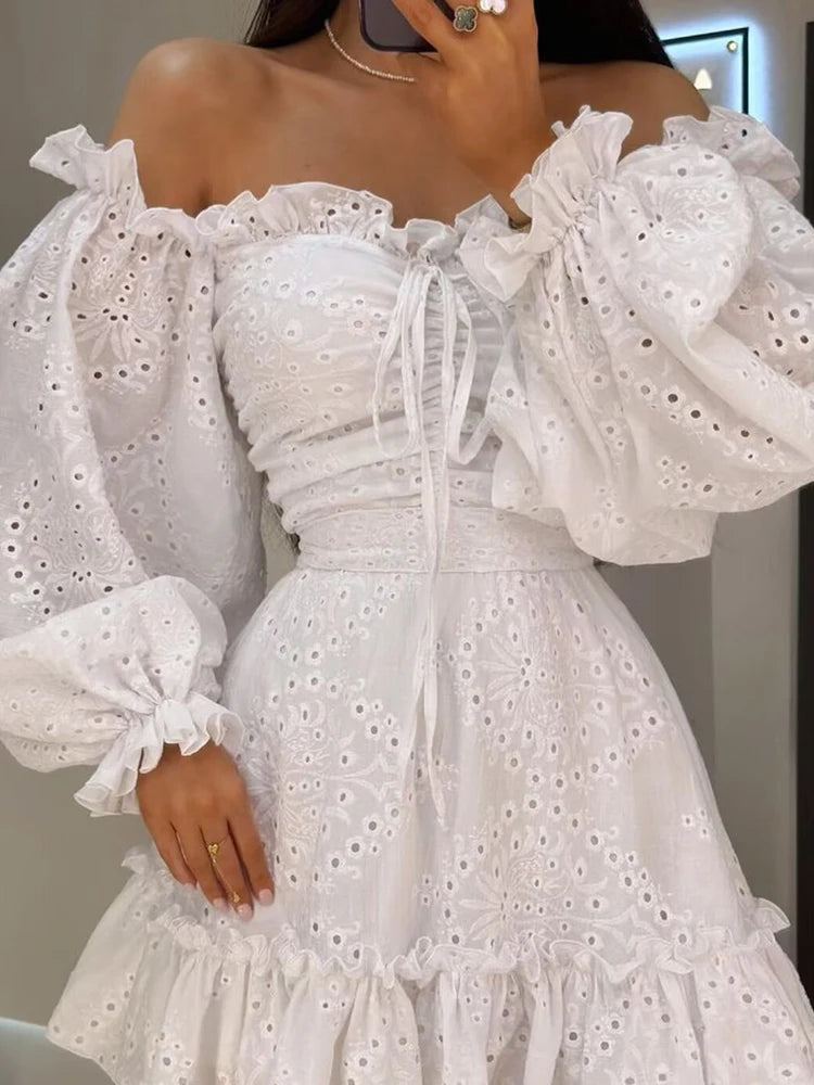 GypsyLady Off The Shoulder Sexy Mini Dresse Cotton Summer Elegant Hollow Out Ruffles Backless Women Vocation Casual Ladies Dress